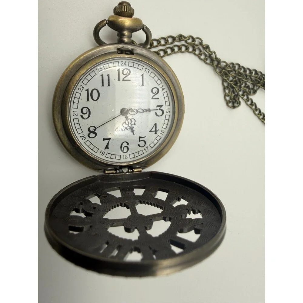 Steampunk Antique Bronze Unisex Quartz Pocket Watch Necklace Chain